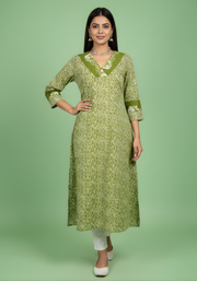 Olive Green Chevron Printed Mul Cotton Kurti with Lining – Elegant Women Ethnic Wear by Aaronee
