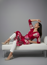 Aaronee Red Floral Printed Kurta with White Pants