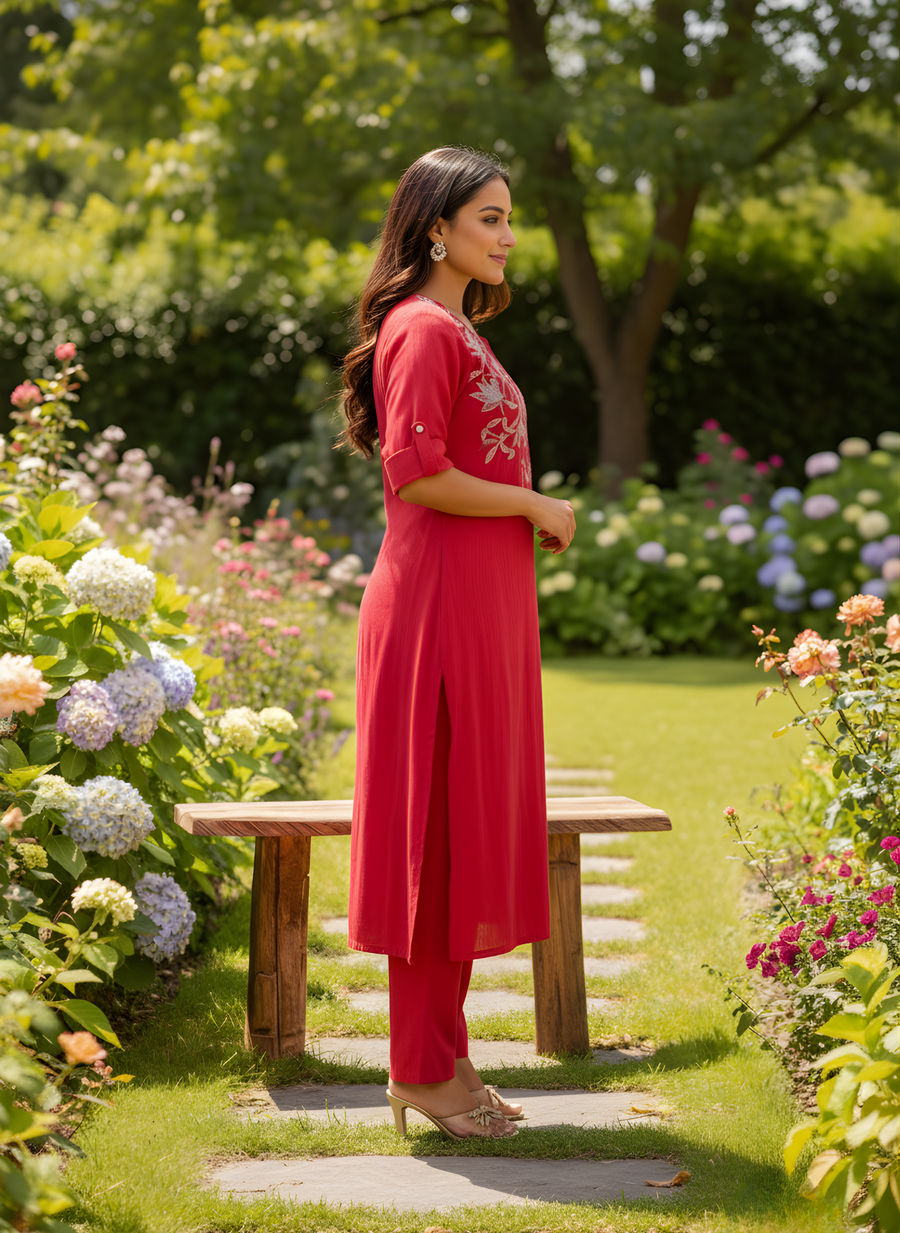 Red Embroidered Kurta Pant Set – Aaronee Ethnic Wear