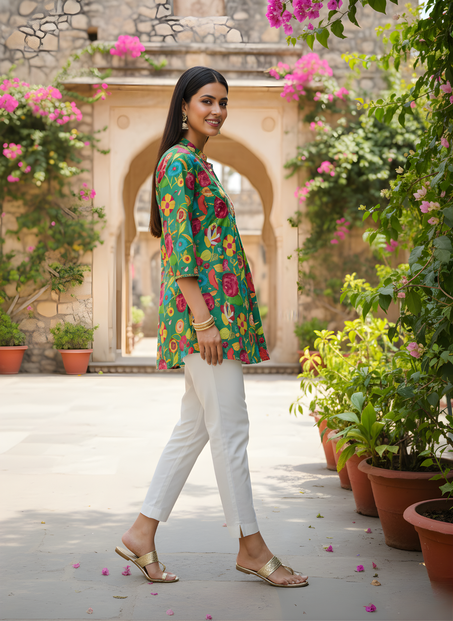 Aaronee Summer Wear Green Floral Cotton Top