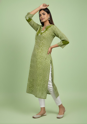 Olive Green Chevron Printed Mul Cotton Kurti with Lining – Elegant Women Ethnic Wear by Aaronee
