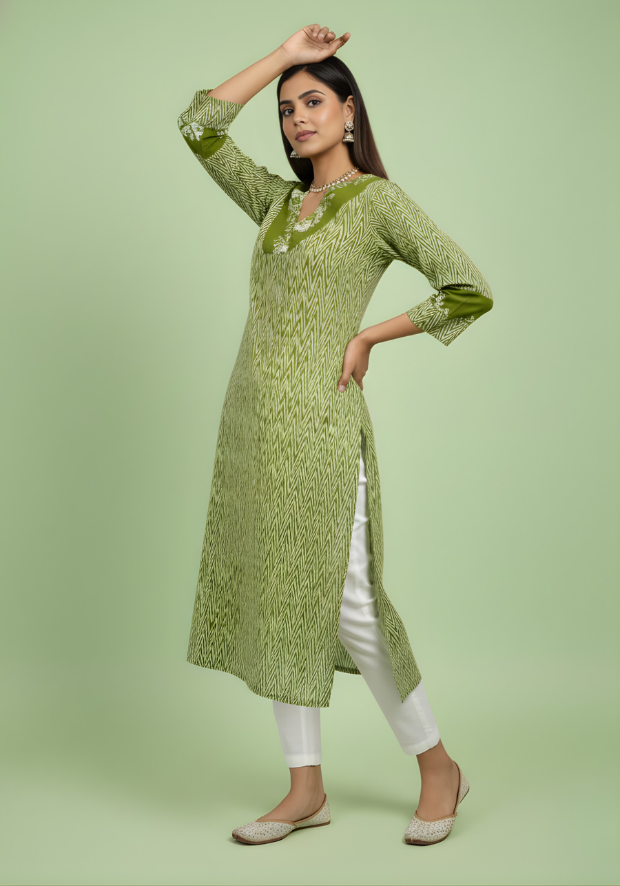 Olive Green Chevron Printed Mul Cotton Kurti with Lining – Elegant Women Ethnic Wear by Aaronee