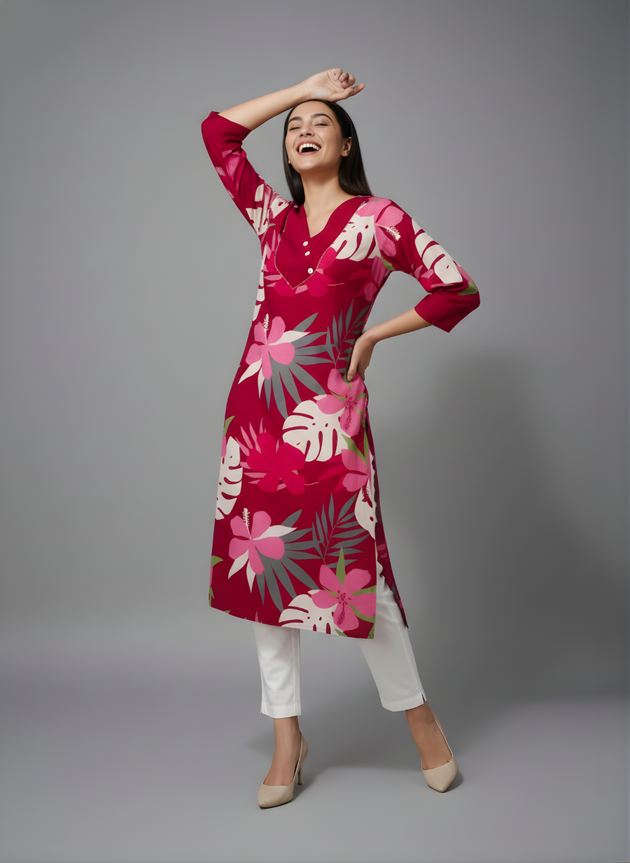 Red and Pink Floral Cotton Kurti Set – Aaronee