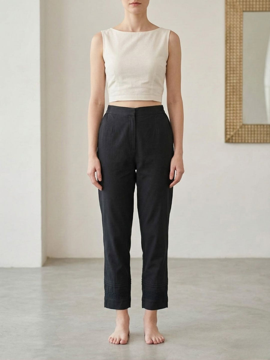 AARONEE Black Cotton Lace Detail Straight Pants for Women