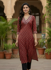 Aaronee Pure Cotton Maroon Printed Kurti for Women