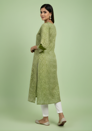 Olive Green Chevron Printed Mul Cotton Kurti with Lining – Elegant Women Ethnic Wear by Aaronee