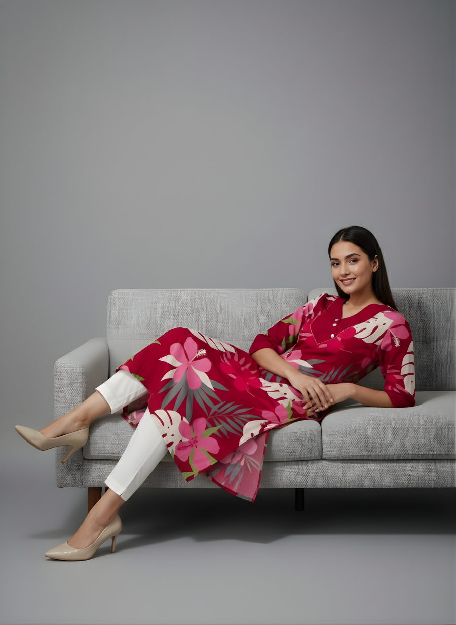 Women’s Red Cotton Kurta Pant Set with Floral Print