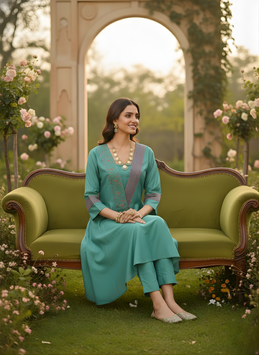 Teal Green Roman Silk Kurta Set – Elegant Festive Wear with Embroidered Detail by Aaronee