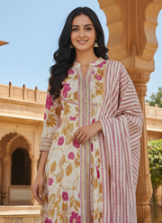 Aaronee Floral Cream and Pink Cotton Kurta Dupatta Set