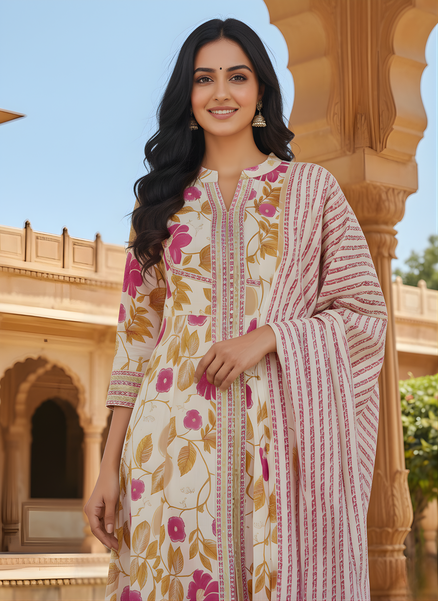 Aaronee Floral Cream and Pink Cotton Kurta Dupatta Set