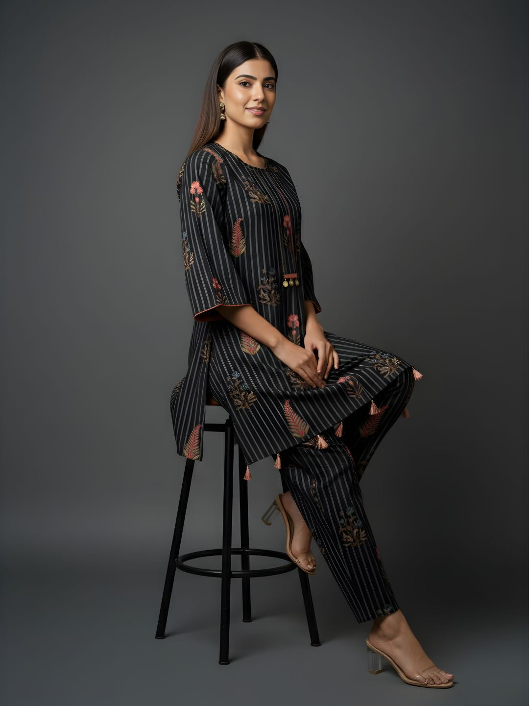 Aaronee Black Floral Striped Pure Cotton Kurta Pant Set for Women