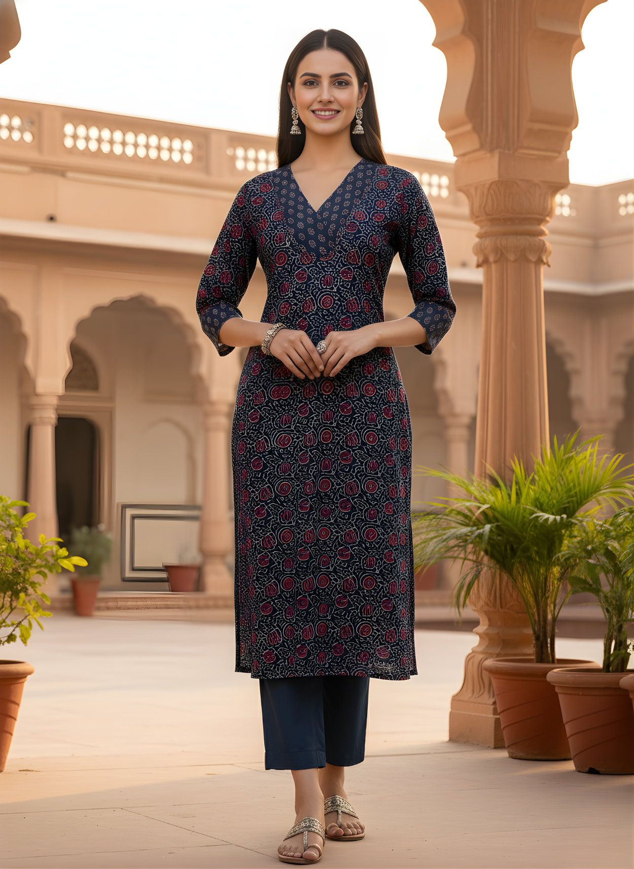 Aaronee Pure Cotton Printed Kurta for Women – Navy Blue Ethnic Daily Wear Ensemble