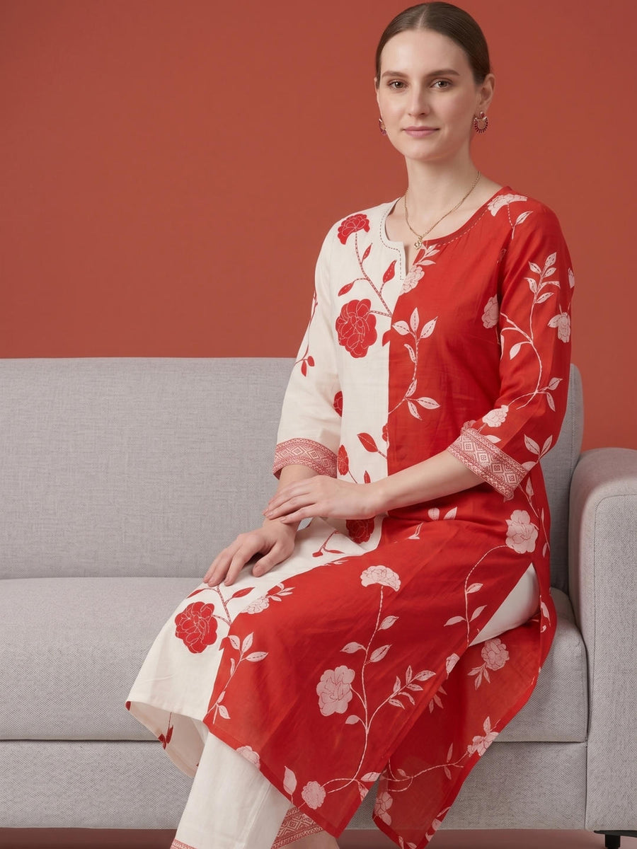 Premium Cotton floral orange Kurta Set