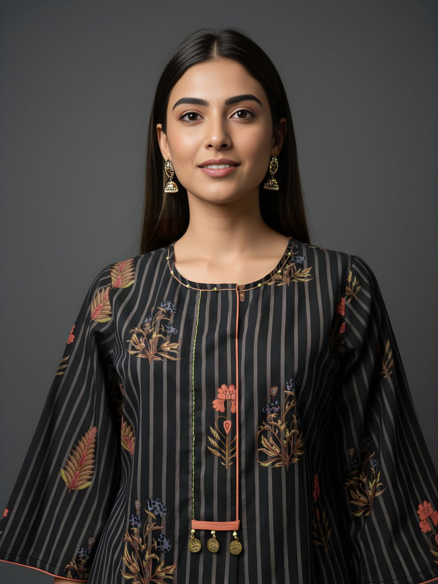 Aaronee Black Floral Striped Pure Cotton Kurta Pant Set for Women