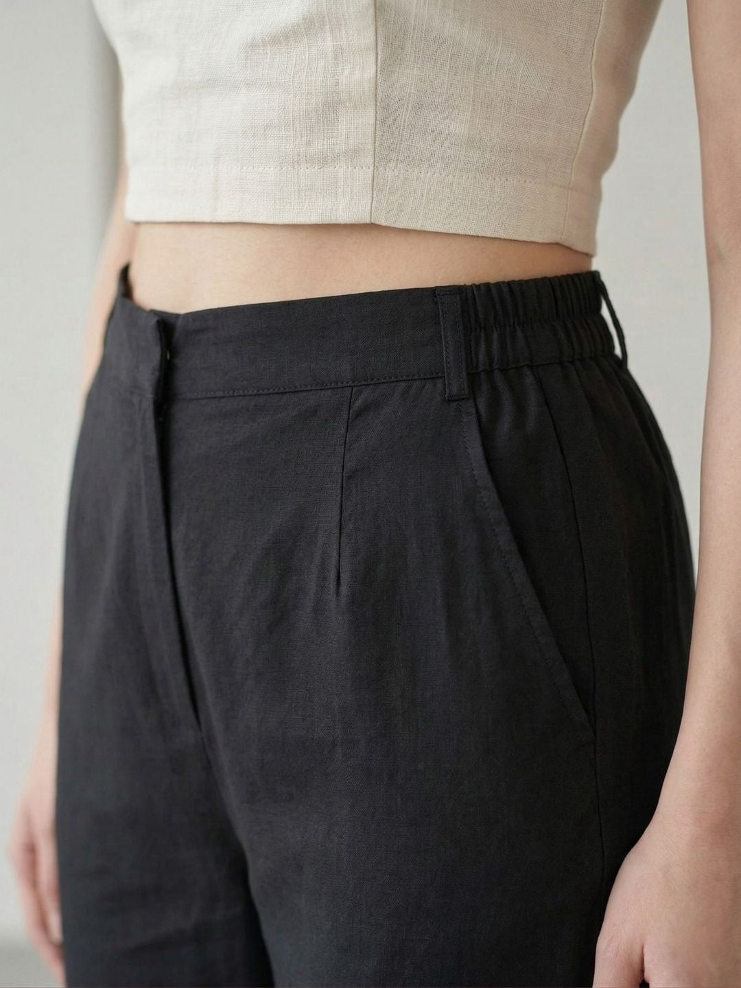 AARONEE Black Cotton Lace Detail Straight Pants for Women