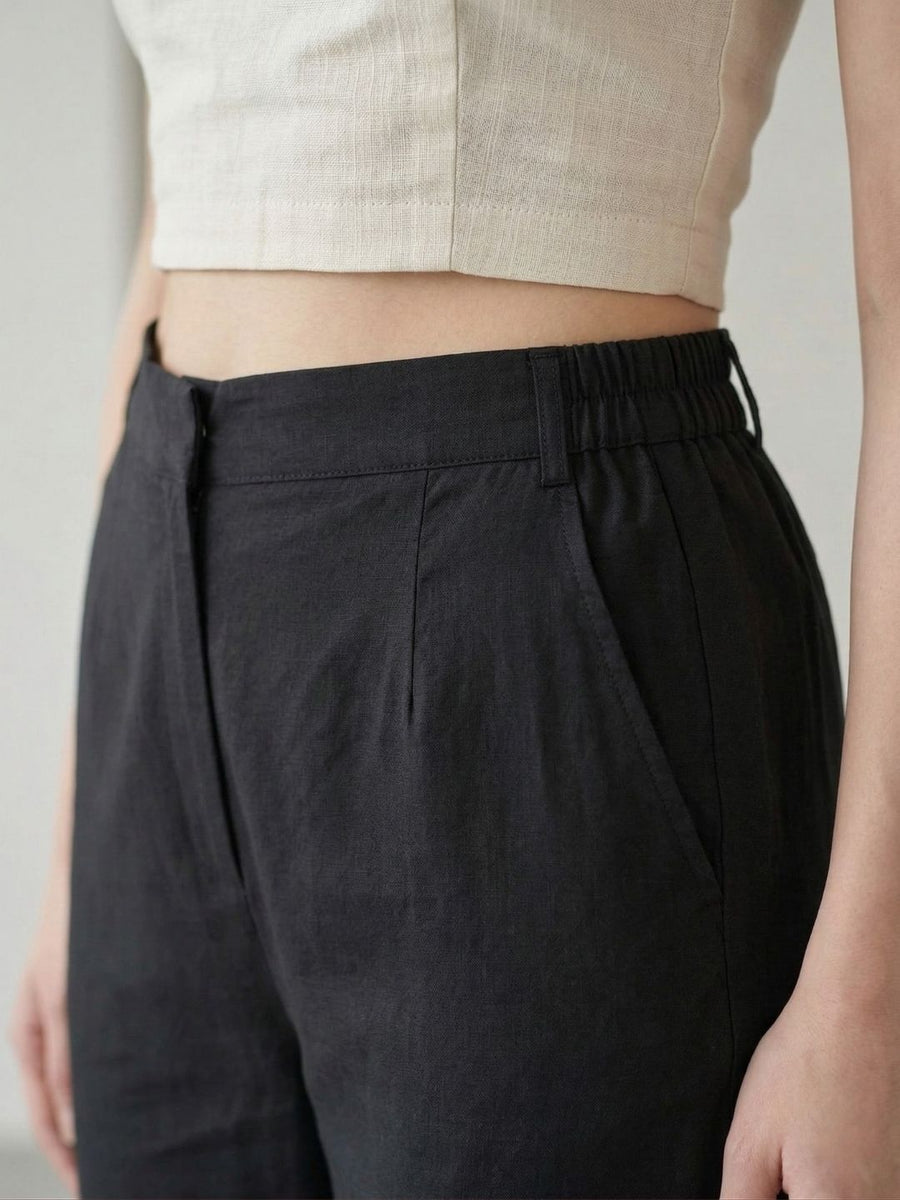 AARONEE Black Cotton Lace Detail Straight Pants for Women