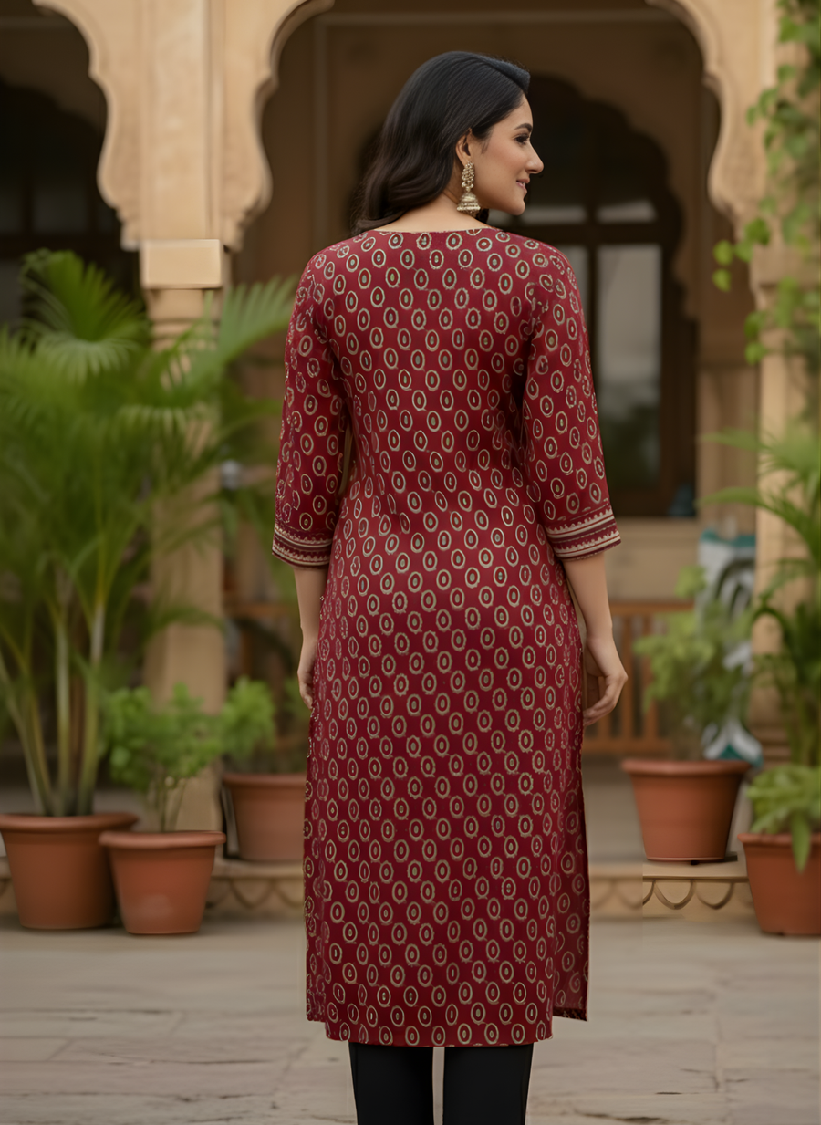 Maroon V-Neck Cotton Kurti by Aaronee