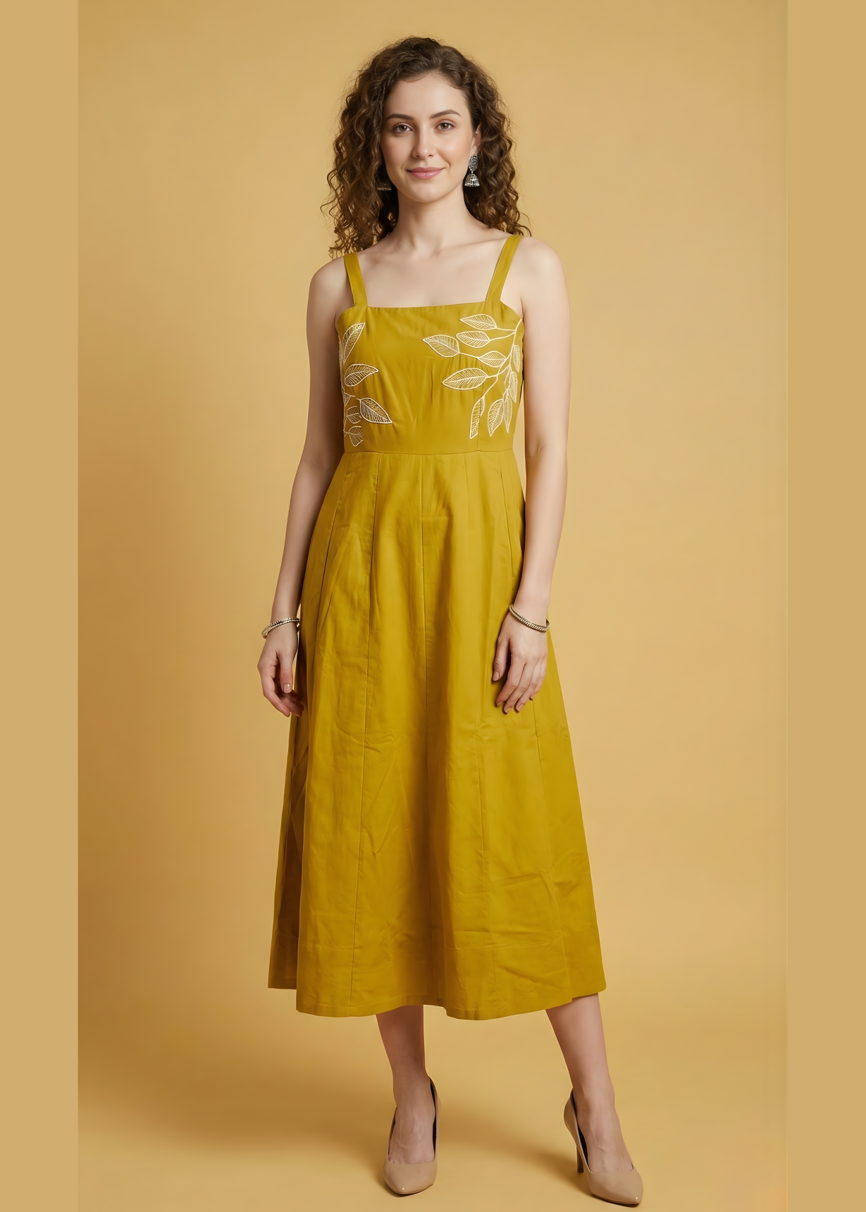Aaronee mustard yellow embroidered midi dress