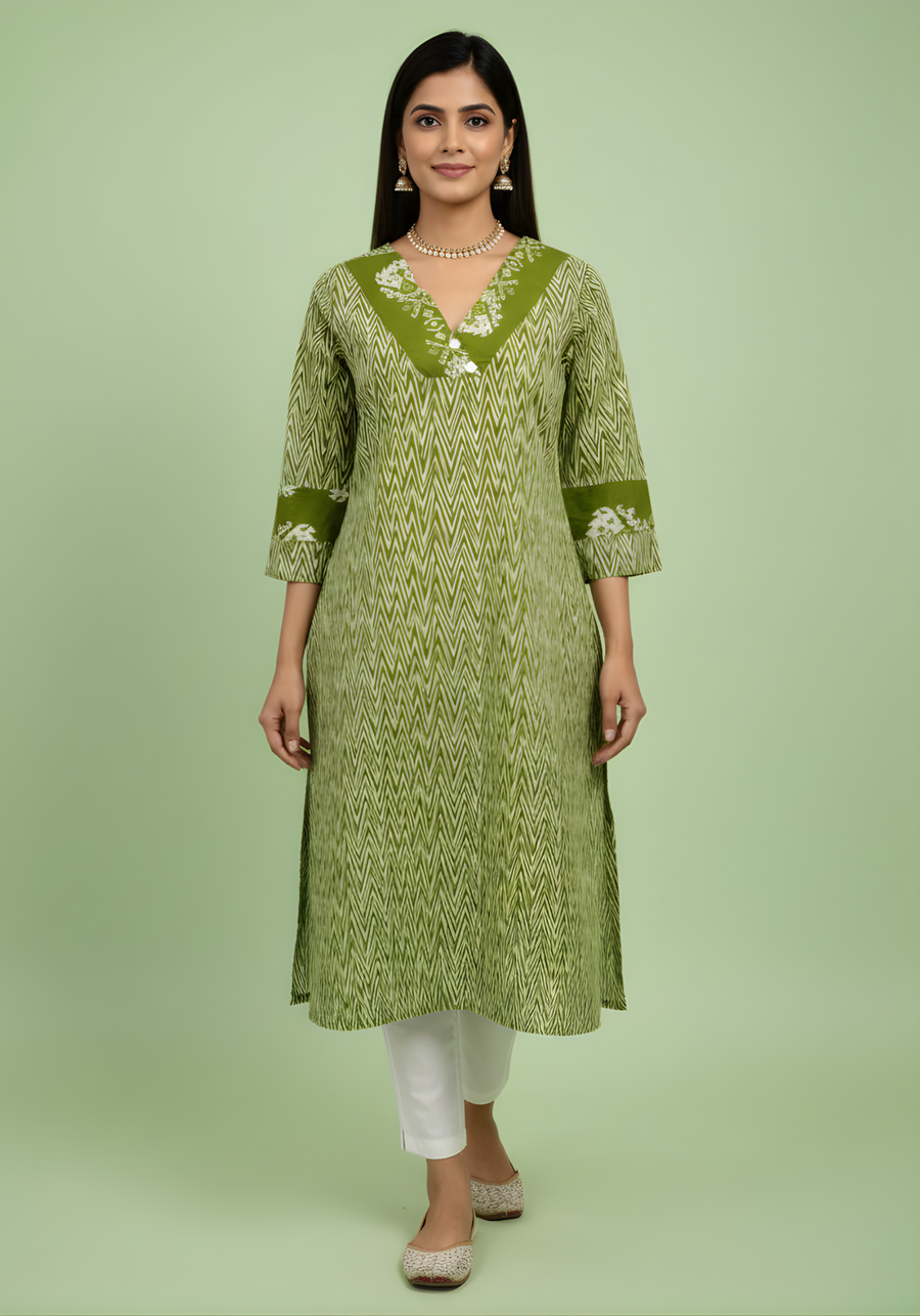 Olive Green Chevron Printed Mul Cotton Kurti with Lining – Elegant Women Ethnic Wear by Aaronee