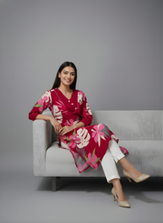 Stylish V-Neck Red Floral Printed Kurta – Aaronee