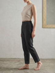 AARONEE Black Cotton Lace Detail Straight Pants for Women