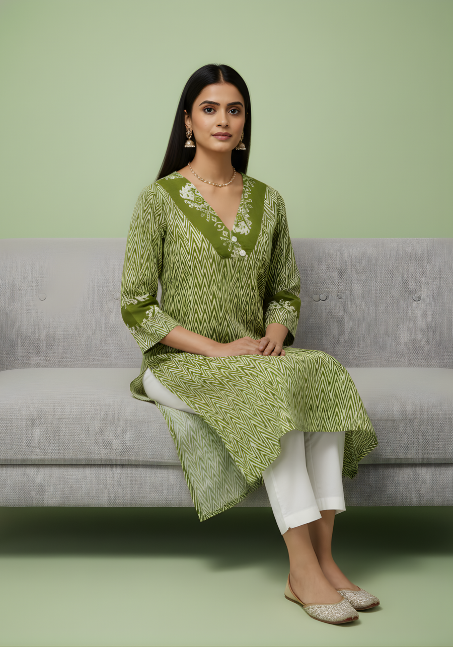 Olive Green Chevron Printed Mul Cotton Kurti with Lining – Elegant Women Ethnic Wear by Aaronee