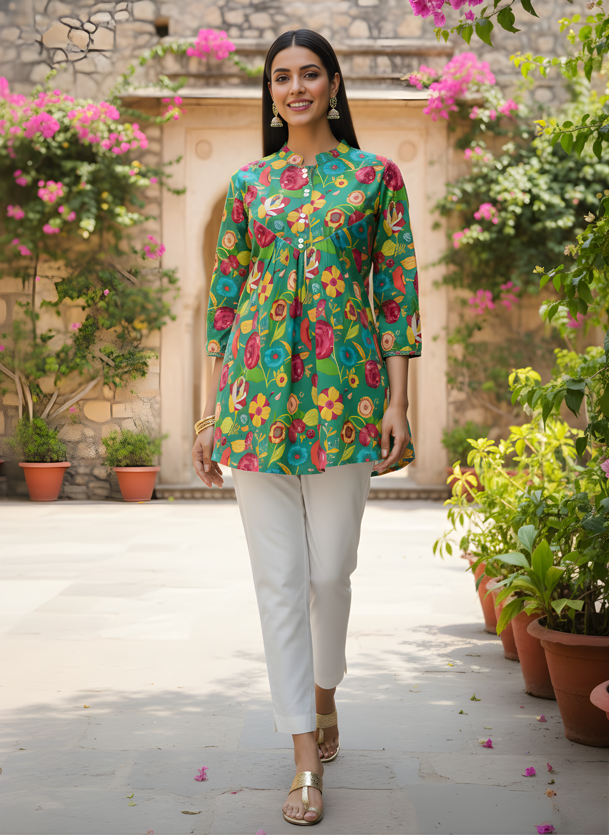 Aaronee Green Pure Cotton Floral Printed Short Kurti Top