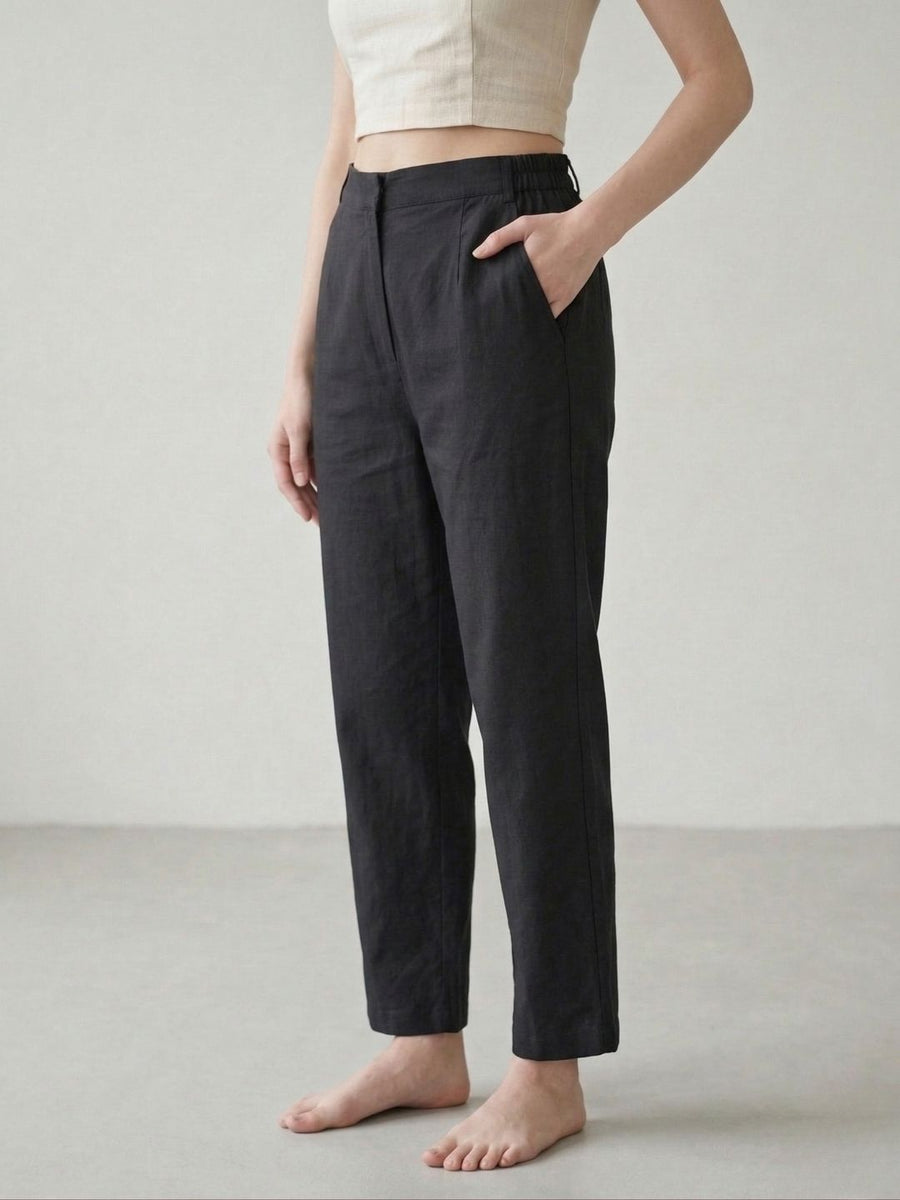 AARONEE Black Cotton Lace Detail Straight Pants for Women