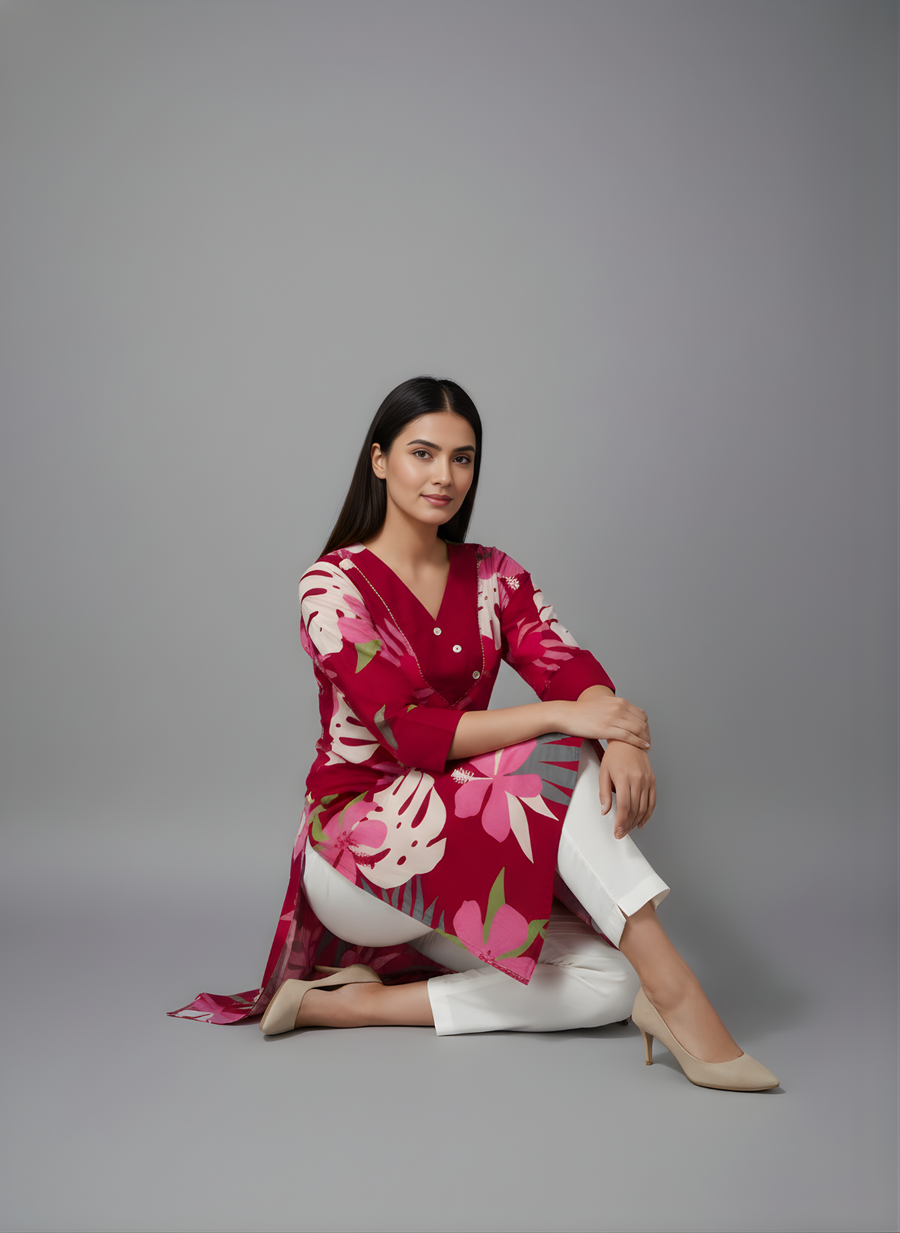 Trendy Red Botanical Print Kurta Set – Aaronee