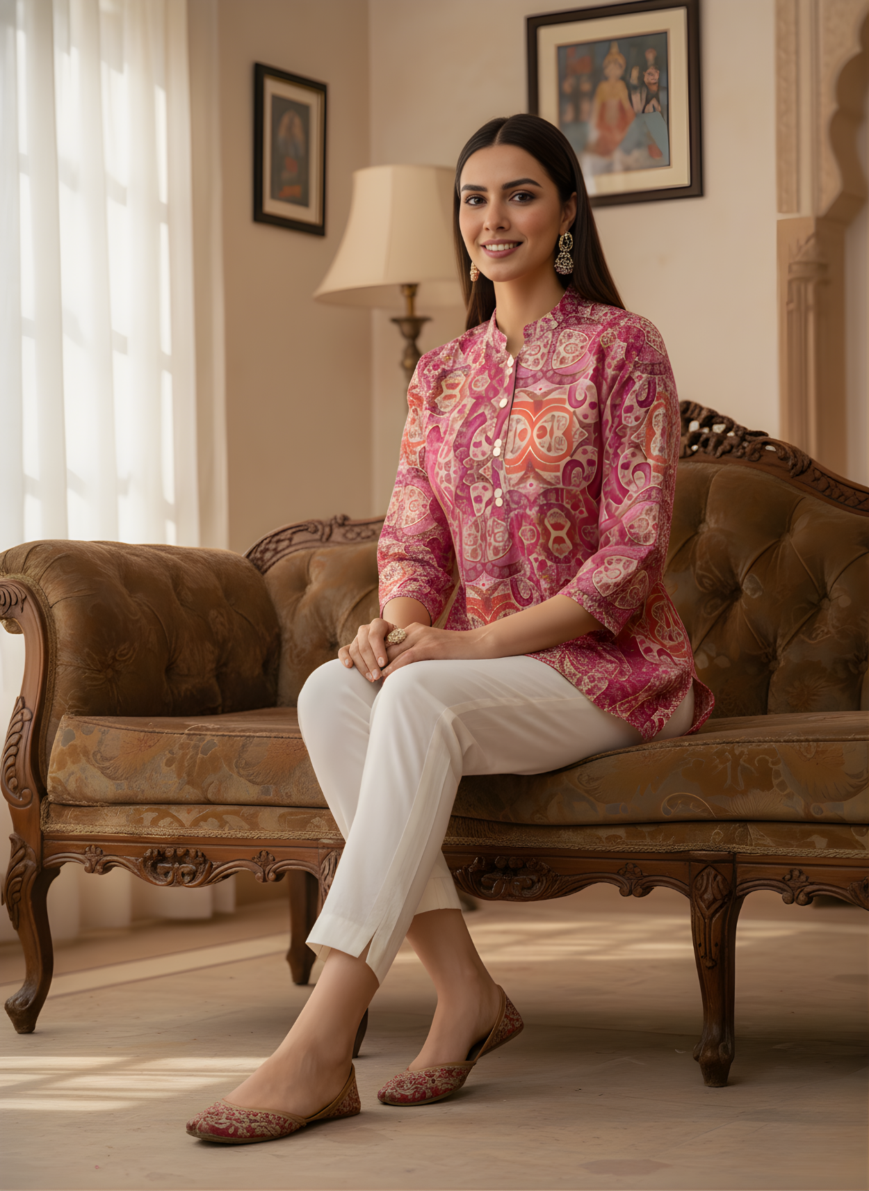 Aaronee Pink Pure Cotton Ethnic Printed Short Kurti Top