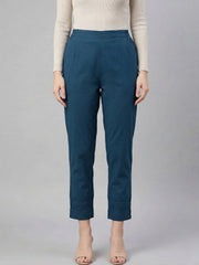Blue Cotton fabric Lace Detail Straight Pants for Women - AARONEE