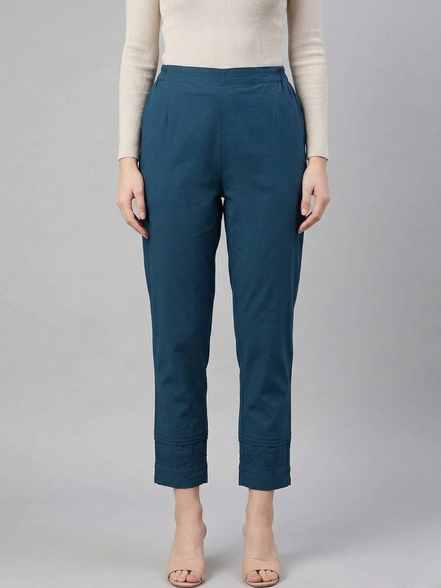 Blue Cotton fabric Lace Detail Straight Pants for Women - AARONEE