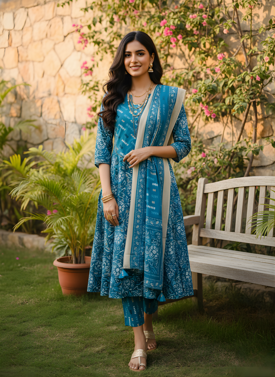Aaronee teal blue handblock printed cotton kurta dupatta set