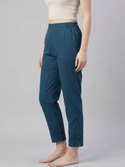 Blue Cotton fabric Lace Detail Straight Pants for Women - AARONEE