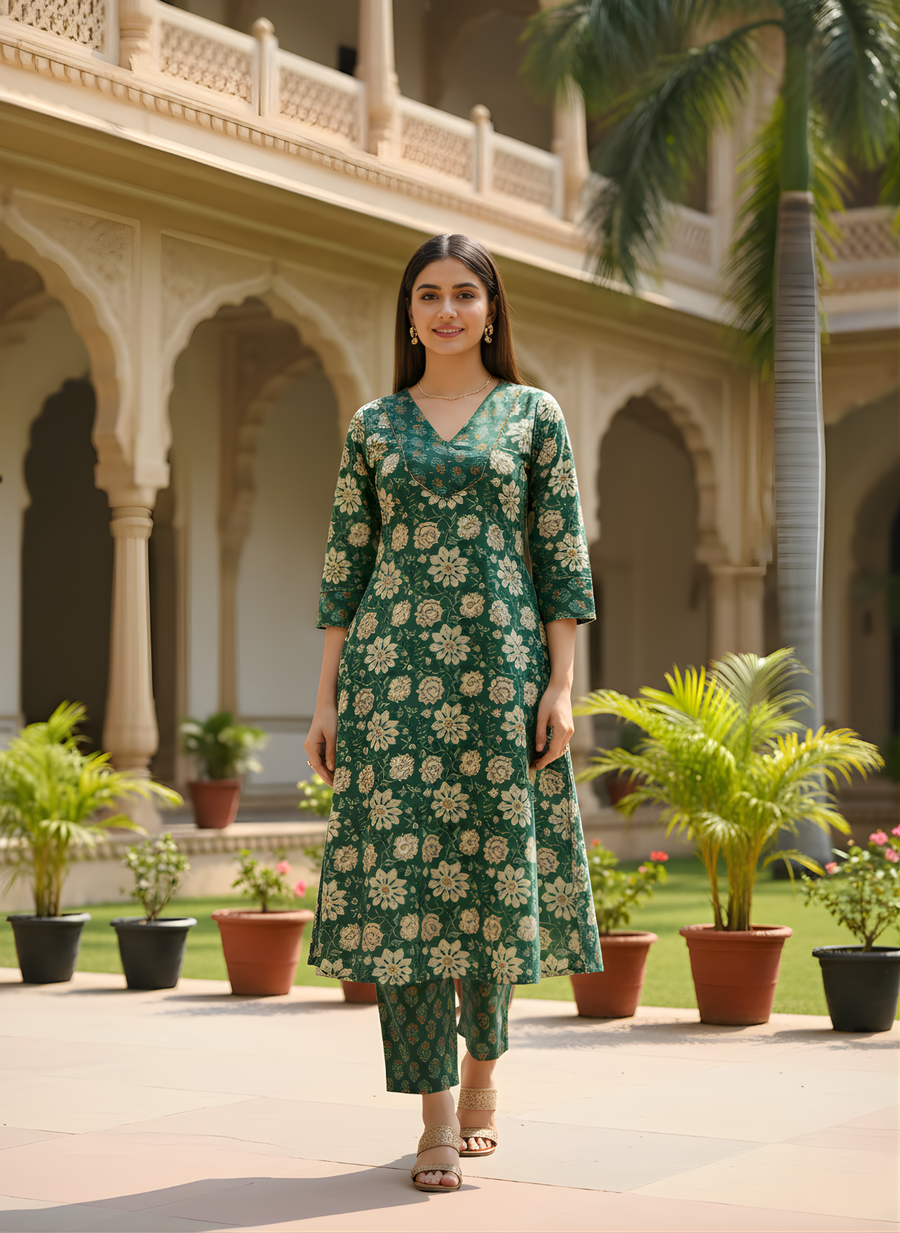 Aaronee Pure Cotton Printed Kurta Set for Women – Navy Blue Ethnic Daily Wear Ensemble