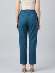 Blue Cotton fabric Lace Detail Straight Pants for Women - AARONEE
