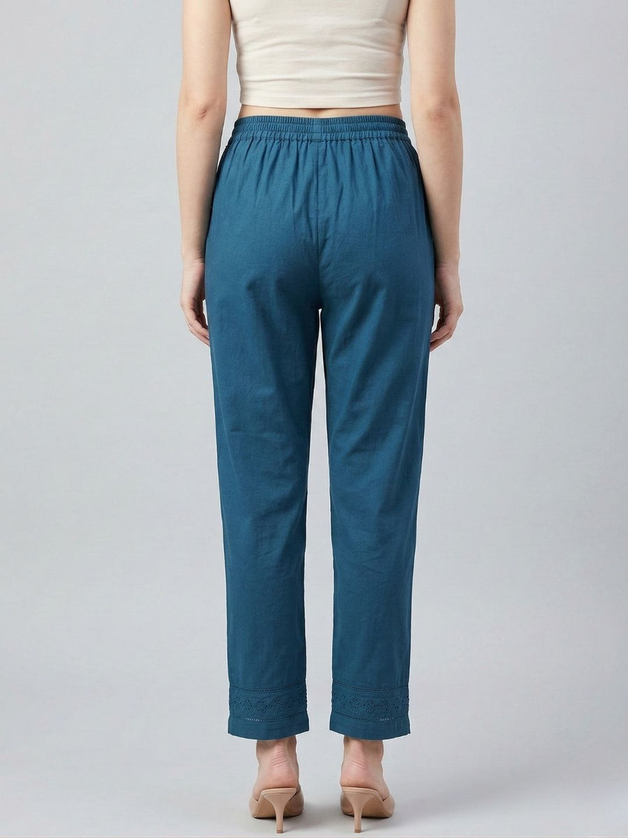 Blue Cotton fabric Lace Detail Straight Pants for Women - AARONEE