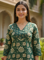 Aaronee Pure Cotton Printed Kurta Set for Women – Navy Blue Ethnic Daily Wear Ensemble