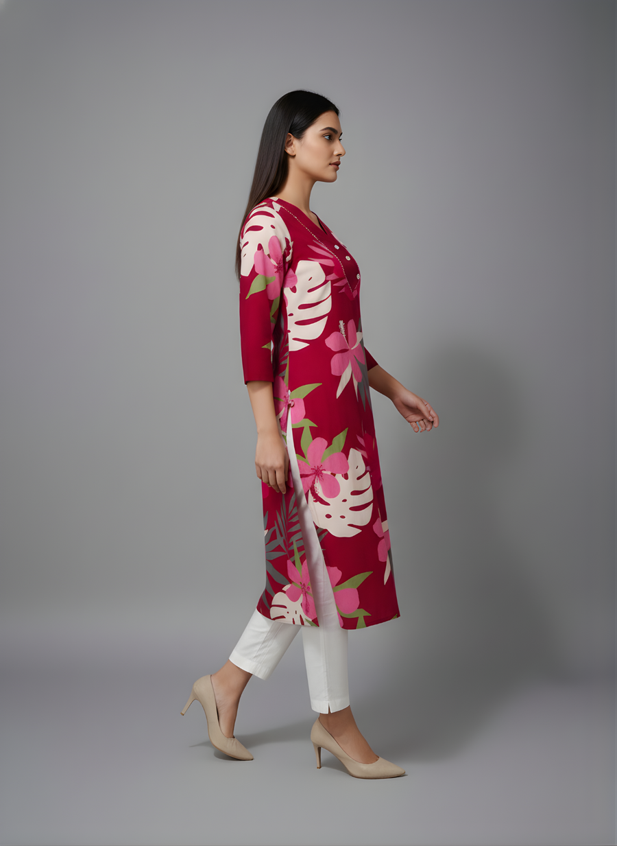 Red Floral Pure Cotton Kurta Set for Ladies
