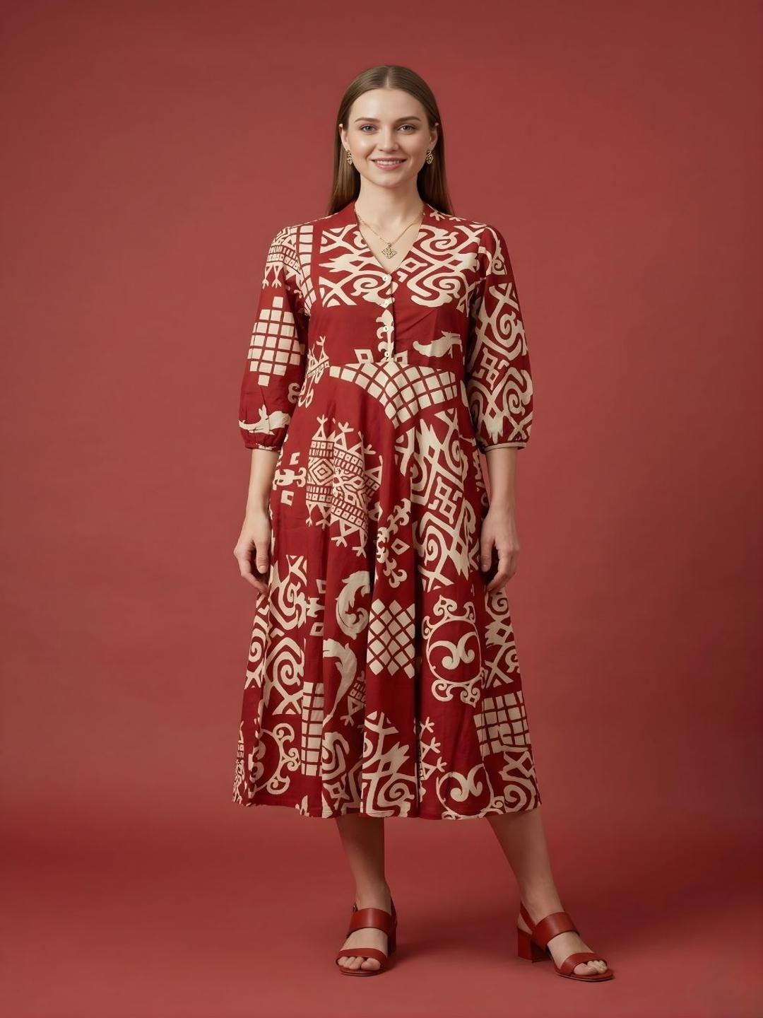 Aaronee red abstract printed premium cotton midi dress for women
