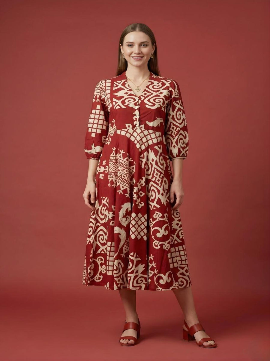 Aaronee red abstract printed premium cotton midi dress for women