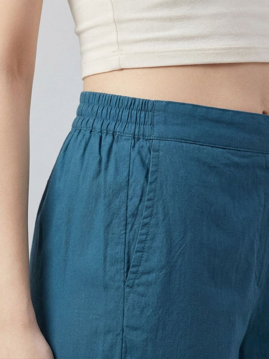 Blue Cotton fabric Lace Detail Straight Pants for Women - AARONEE
