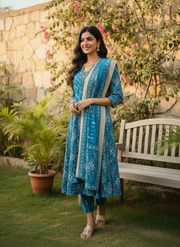 Pure cotton teal blue ethnic kurta set for women