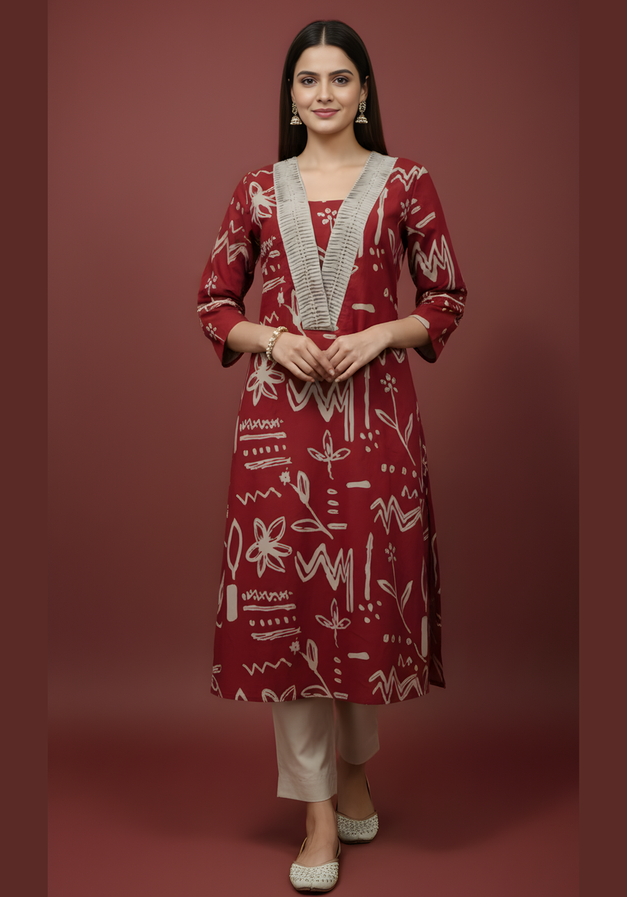 Aaronee red pure cotton kurta set with handwork yoke