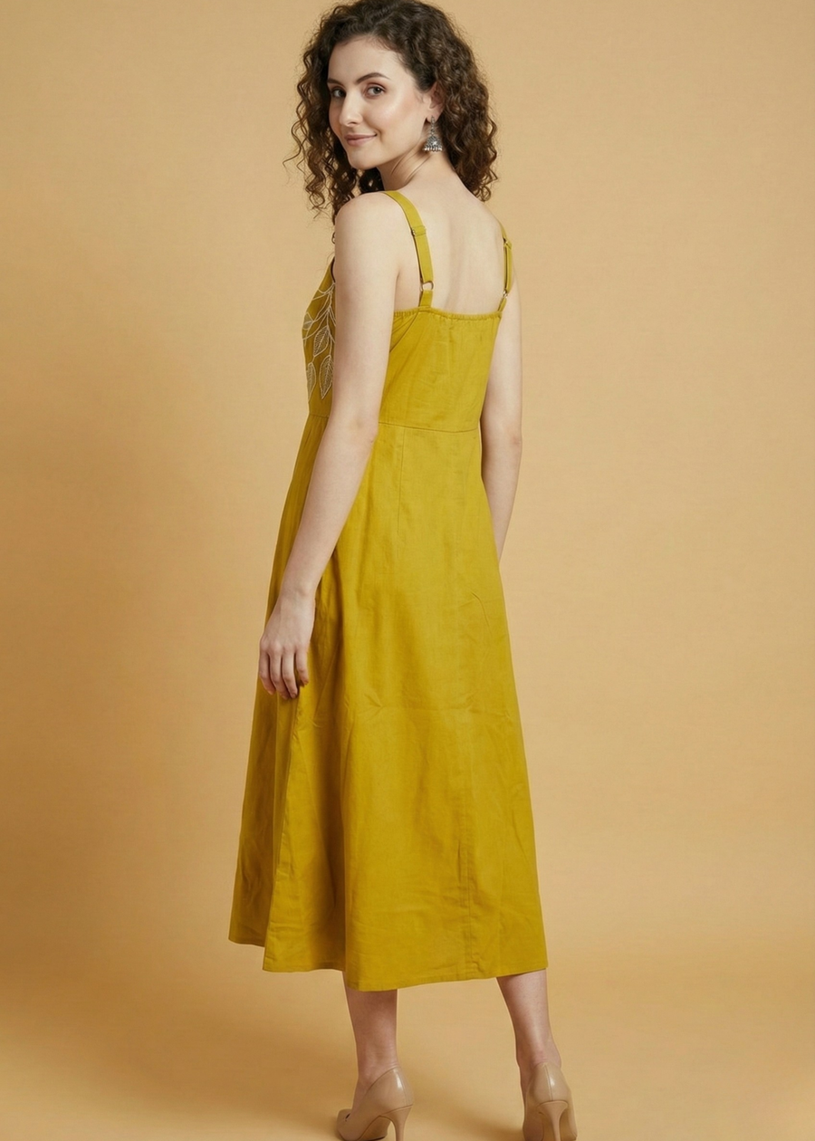 Festive mustard embroidered dress