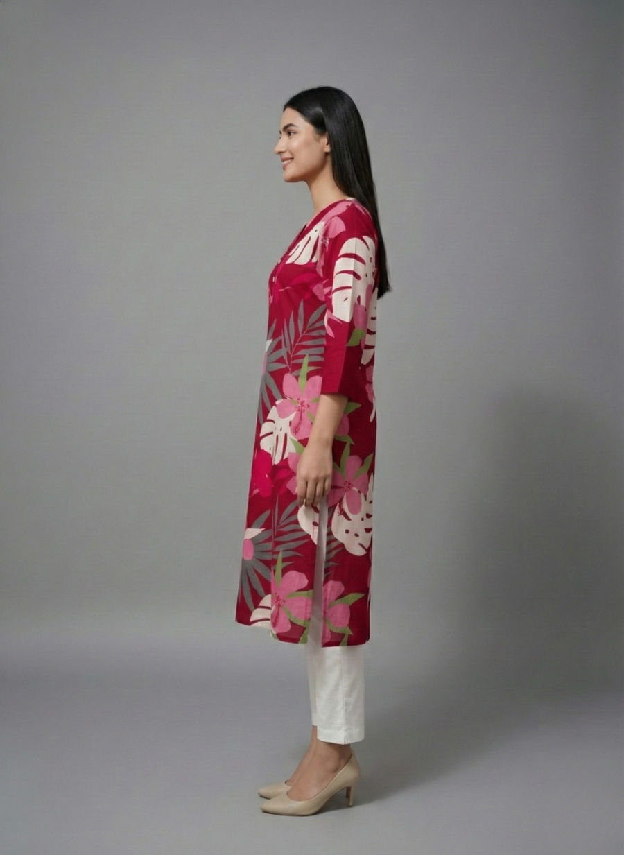 Red Pure Cotton Floral Printed Kurta for Women – Elegant Daily Wear by Aaronee