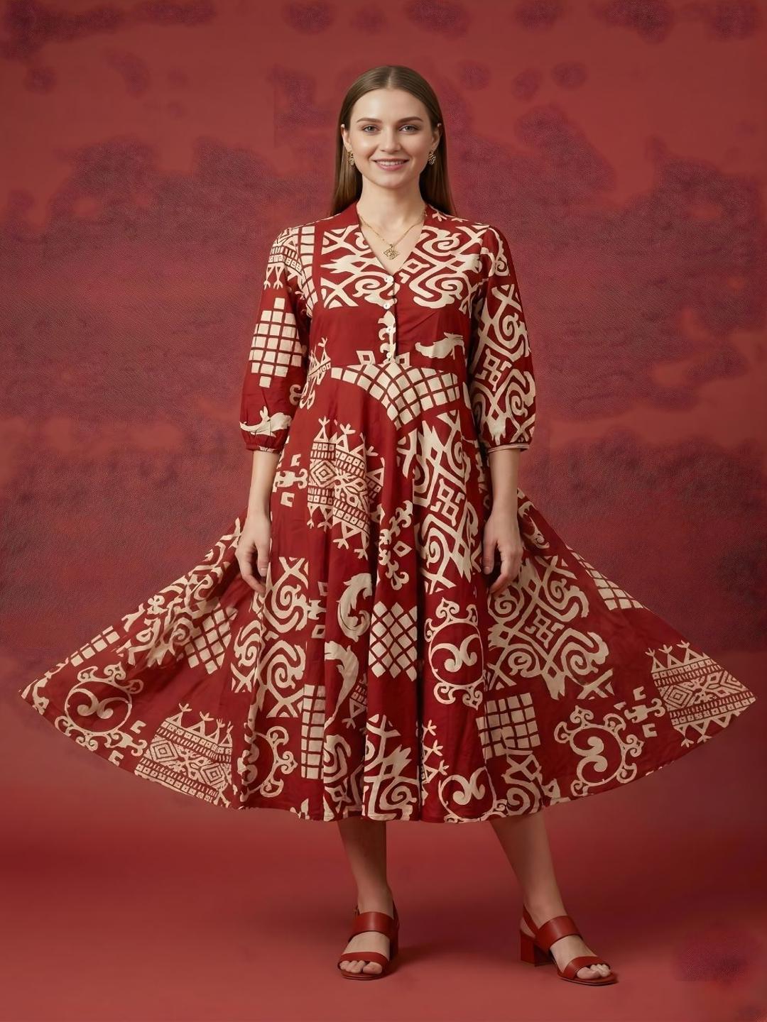 Women's cotton A-line midi dress with tribal print