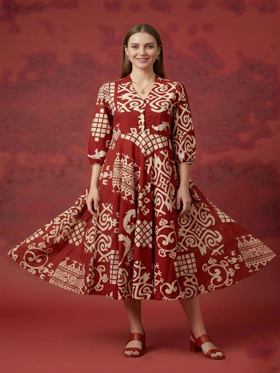 Women's cotton A-line midi dress with tribal print