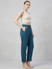 Blue Cotton fabric Lace Detail Straight Pants for Women - AARONEE