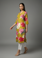 Mustard Yellow Pure Cotton Floral Printed Kurta for Women – Stylish Daily Wear by Aaronee